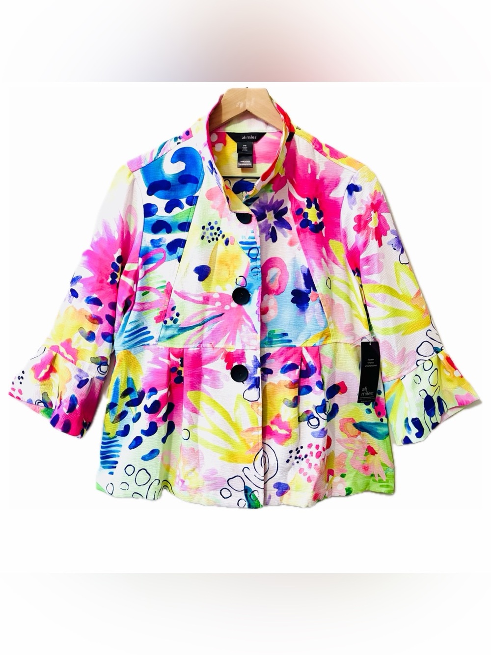 Ali Miles Lightweight Jacket Watercolor Floral Print Wire Collar